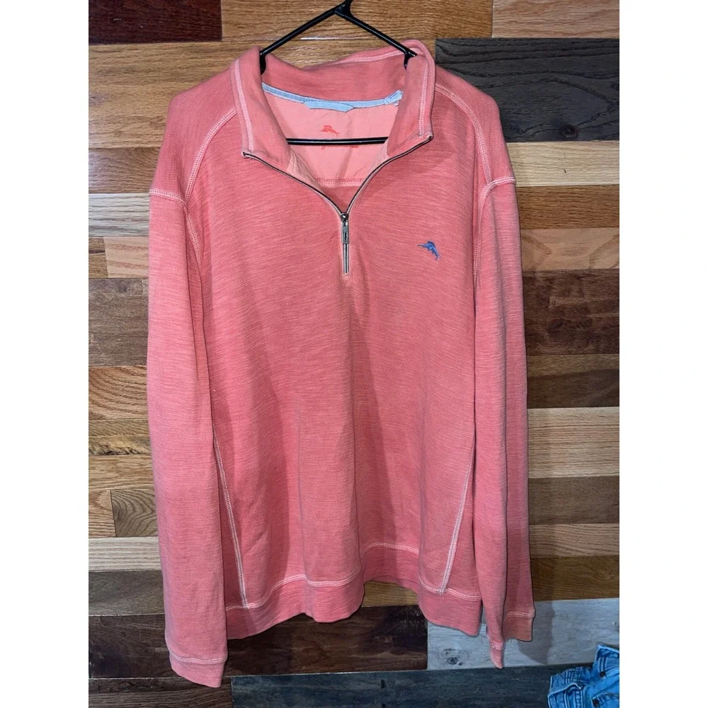Tommy Bahama Mens XXL Coral Orange Quarter Zip Pullover Slub Knit Marlin Logo